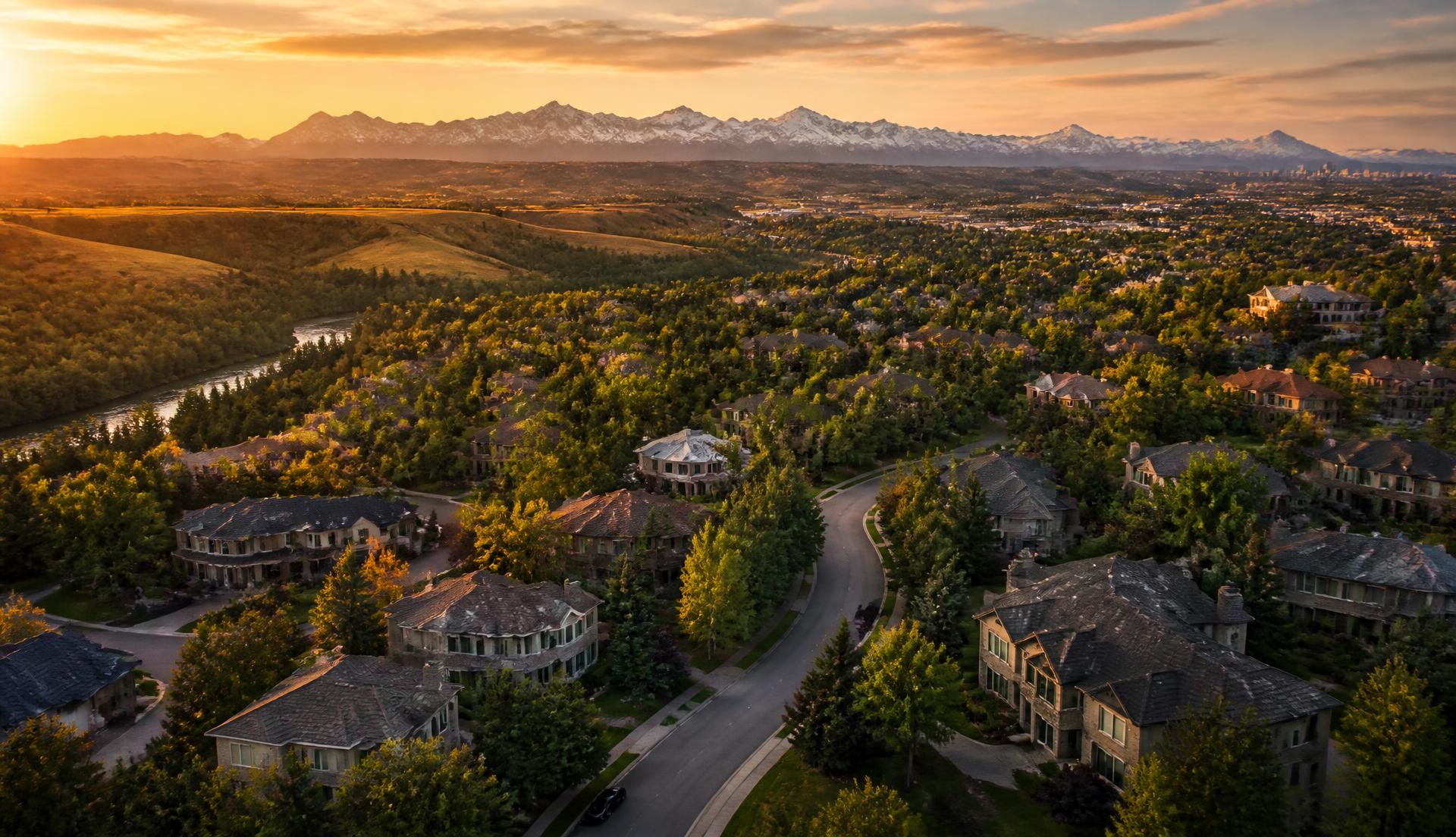 Aerial view of an established west Calgary community with the Rocky Mountains beyond