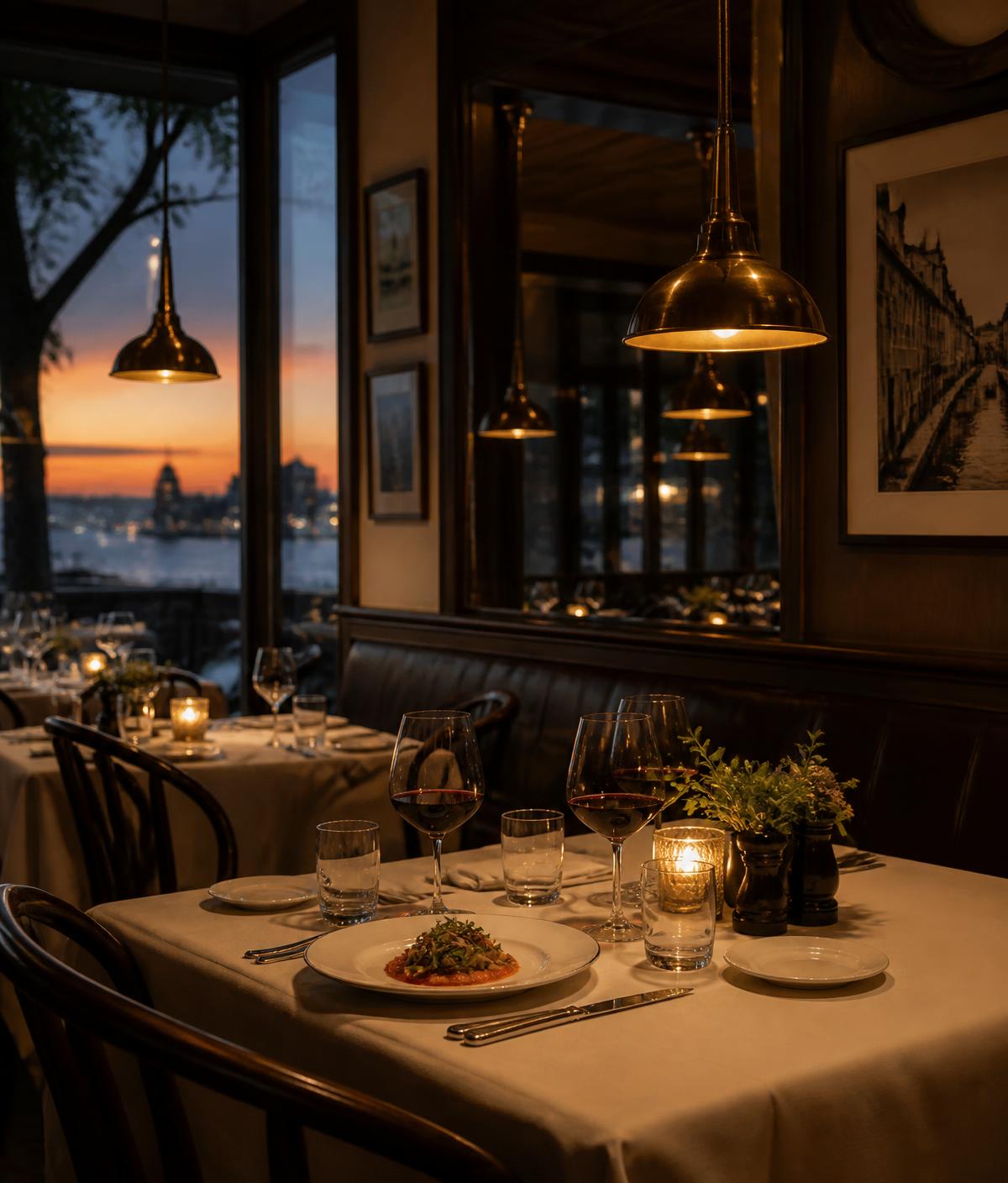 Warm restaurant interior set for dinner at dusk