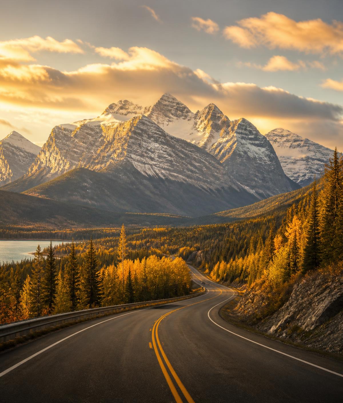 Highway curving toward the Canadian Rockies at golden hour